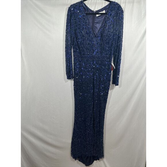NWT Mac Duggal [ 12 ] Embellished Front Slit Long Sleeve Gown 5002 in Blue #J154 - Picture 11 of 16